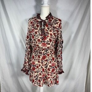 Garota Clari Floral Mini Dress Red Navy Gold Metallic Stripe Tie Neck Medium NEW